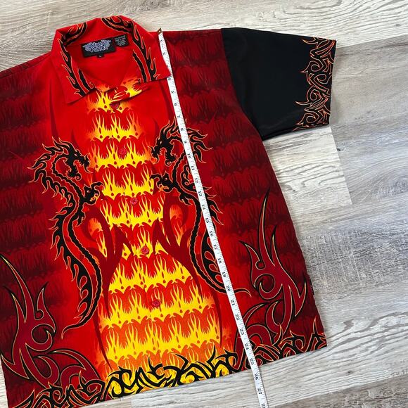 Vintage Silver Point Dragon Flame Shirt Red Yellow Print Button Down Y2K Grunge - Picture 7 of 7